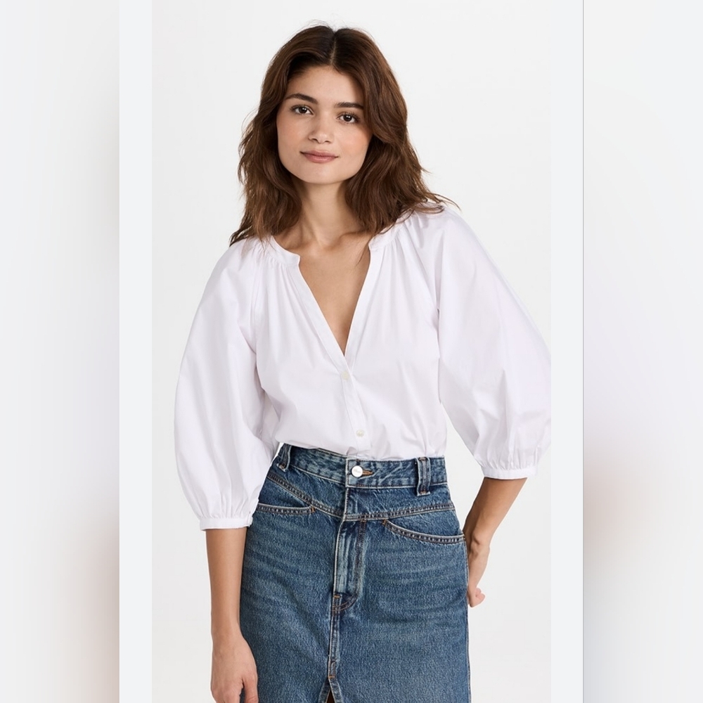 STAUD Women’s Dill Top Long Puffy Sleeve Blouse Shirt White  Size M